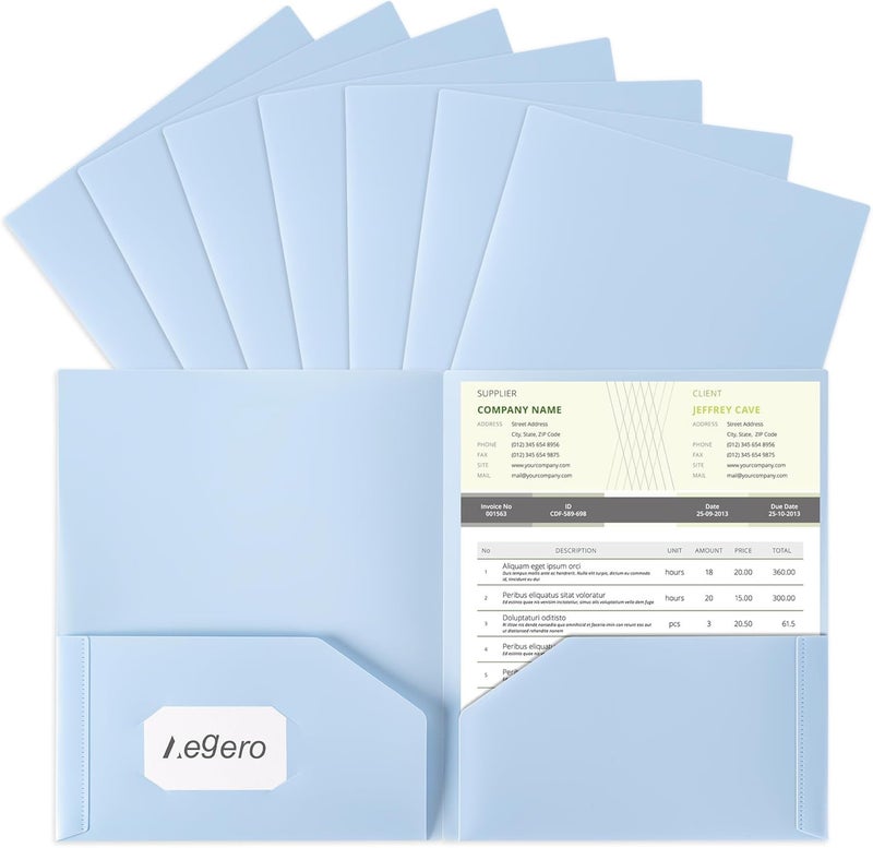 Aegero Plastic Folders with Pockets (7 Pack, Light Blue), Durable Heavy Duty File Folders with Business Card Slot, 2-Pocket Folder for Schoolwork & Office,Letter Size - Image 1
